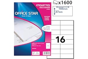 OFFICE STAR PRODUCTS OFFICE STAR 1600 Étiquettes Autocollantes Blanches Multi-Usages 105 x 37 mm, Personnalisables et Imprimables pour Imprimantes Laser, Jet d'Encre, Copieur