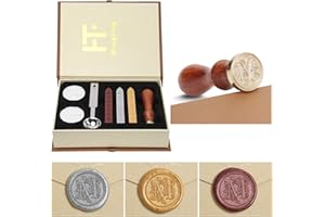 MINGTING Wax Seal Stamp Kit, PUQU Classical Old-Fashioned Antique Wax Stamp Seal Kit Initial Letters Alphabet Set Gift Box with Vintage Wooden Handle and Brass Color Head (M)