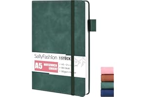 SALLYFASHION Notatnik A5 w linie, 360 stron, skórzana, twarda okładka, dziennik, notatnik 80 g/m², papier kwadratowy, z gumową taśmą do notatek, planowania, nauki, podróży, projektów (zielony)