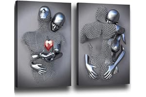 chongjian Liebe Herz 3D Grau Leinwand Wandkunst Moderne Gemälde 3d Abstrakt Umarmung Wanddekoration Schwarz und Weiß Metallfigur Skulptur Effekt Bild Wohnzimmer Dekoration Ohne Rahmen (Rot, 16x24in)