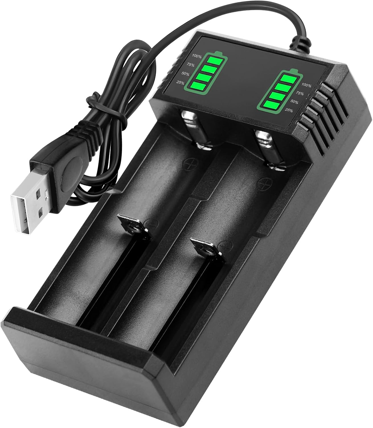 Cargador 18650 Universal Carga de Batería para 26650 18350 14500 16340 17500 17670 18500 21700 3.7V Li-Ion Pilas 2 Ranuras Inteligente Rápido Cargador Recargables con Cable USB