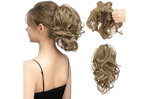 CJL HAIR Claw Clip Short Ponytail Hair Extensions DIY Bendable Metals Messy Bun Hair Piece for Wonen Wavy Curly Synthetic Fake Hairpieces Brunette/Ash Blonde