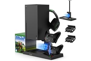 AUARTE Soporte de refrigeración vertical compatible con consola Xbox Series X. Estación de carga de doble controlador con 2 baterías de 1400 mAh y organizador de almacenamiento para juegos y soporte para