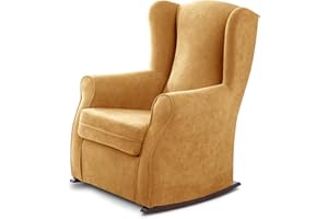 SUENOSZZZ-ESPECIALISTAS DEL DESCANSO SUEÑOS ZZZ - Balancín Irene, sillón orejero de Lactancia tapizado en Tela Anti Manchas Color Mostaza con balancín Lacado en Color wengué. Mecedora para Dormitorio, salón o habitación de bebé