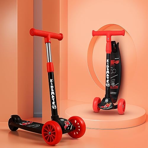 Kidsmate Cruiser Kick Scooter for Kids with Broad Wheels | 3-Wheel Skate Scooter for Boys & Girls of Ages 2-12 Years | Level Adjustable Height, and Easy Fold Design Scooter for Kids (Black)