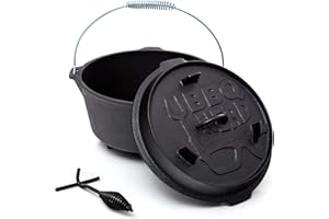 BBQ NERD BBQ-Nerd© Dutch Oven"Professional" 9,0 L con pies | ya quemados - preseasoned | Olla de hierro fundido con tapa e integr sartén | cacerola ignífuga para barbacoa y camping con elevador de tapa