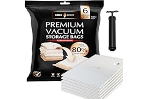 GENIE SPACE Medium Vacuum Storage Bags - Pack of 6, 70x50cm | Strong Space Saving Bags | Premium Airtight & Reusable Vacuum Bag for Clothes, Towels, Childrenswear & More | inc Travel Pump