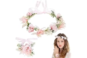 Binnan Flor Corona, Cinta para el Cabello de Corona de Flores y Pulsera de Perlas, Diademas de Flores Garland Mujer, Ajustable Diadema Florales Rosa de la Flor Tocado para Fiesta, Boda, Viajes