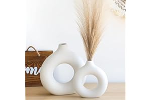 VZMIZA Große Donut-Keramikvase im 2er-Set - Vasen Deko Für Moderne Heimdekoration - Rund Matte Deko Vasen set Für Pampasgras - Nordischer Boho-Stil Blumenvase Für Hochzeit - Deko Aesthetic - Deko weiß