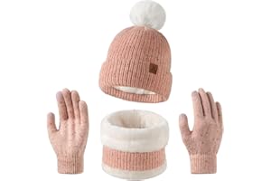 outfit spring Cappello a Maglia Bambini, Inverno Berretto Sciarpa Guanti Set, Morbida Beanie Lavorato con Pompom Soffice Caldo Scaldacollo Guanto Fodera in Pile 3 Pezzi per Ragazzi Ragazze 5-8 Anni