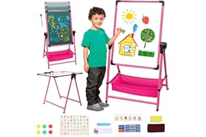 ‎MAYCOLY Kinder Staffelei doppelseitige Eisen Staffelei höhenverstellbar Zeichenbrett verstellbarer Ständer 360° drehbare Staffelei Whiteboard und Kreidetafel für Kinder Jungen Mädchen ab 3 Jahren (Rosa)