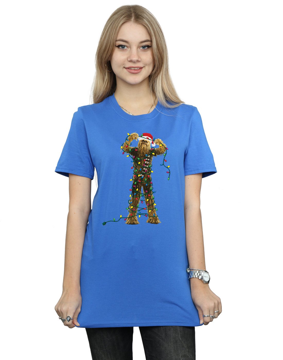 Star-Wars-Damen-Chewbacca-Christmas-Lights-Boyfriend-Fit-T-Shirt-Medium-Knigsblau