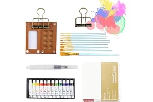 Fosoloni Mini Aquarell Travel Set, Pocket Aquarell Set mit Binder-Clips, 8 Gitter Palette Holz, 24 Farbpigmente, 10 Pinsel, 1 Wasserabsorbierender Stift und 1 Skizzenbuch, Mini Malset für Travel