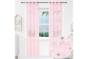 BOD HOME 2 Piezas Cortina Infantil Translúcida para Habitación de Niñas, 140 x 260cm Ancho x Alto, Cortina Dormitorio Infantil Rosada con Diseño Estrellas Plateadas, Material 100% Poliéster