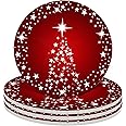 DoawBang Silver Star Christmas Tree with Holiday Red Background Christmas Coasters Absorbent Ceramic Drink Coasters for Christmas Decor Soft Coasters, Set of 4