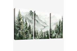 HALFLEMART 3 Pcs Wooden Framed Watercolor Mountain Range Canvas Wall Art Canvas Prints Green Forest Tree Modern Wilderness Painting Picture for Living Room Bedroom Hallway Home Wall Decor 90x40cm(12"x16"x3pcs)