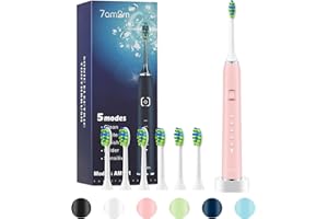 7am2m Sonic Electric Toothbrush with 6 Brush Heads for Adults and Kids, Wireless Fast Charge, One Charge for 60 Days,5 Modes with 2 Minutes Built in Smart Timer, Electric Toothbrushes(Pink)