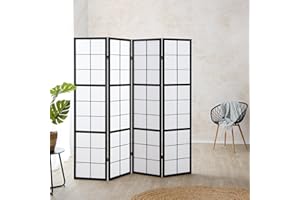 ‎HOMESTYLE4U Homestyle4u 282 Paravent Room Divider Indoor 4 Pieces Wood Black Divider Rice Paper White Height 175 cm