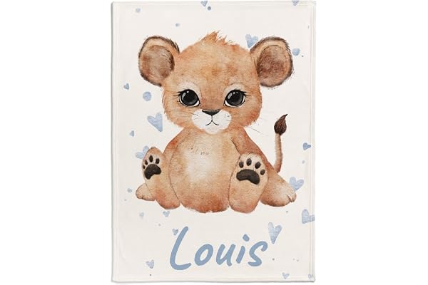 Couverture personnalisée pour bébé avec motif de lionceau et petits cœurs, nom et couleur du motif au choix
