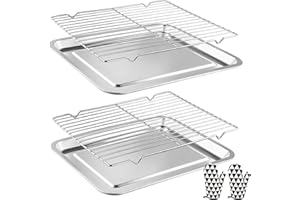 Mapille Teglia da Forno in Acciaio Inox, Teglie da Forno Rettangolari con Griglia di Raffreddamento e Guanti da Cucina, Set di Vassoio da Cuocere per Cottura, Barbecue, Scolare le Verdure, 40x30x2CM