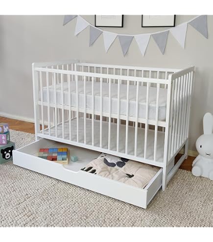 Lit Bébé 125x65cm Avec Matelas Aloe Vera - Rails Réglables, Tiroir De Rangement - Transformable En Lit Enfant
