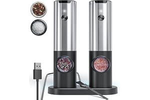 Ensemble de moulin à sel et poivre électrique avec base rechargeable, moulin à sel en acier inoxydable avec grossièreté réglable, salières et poivrières rechargeables avec lumière LED