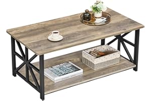 ‎GREENFOREST GreenForest Couchtisch mit Runder Ecke, 100 cm Wohnzimmertisch, Stabiler Sofatisch aus Holz und Metall, Kaffeetisch mit Regal, Rustikales Design, Sandeiche