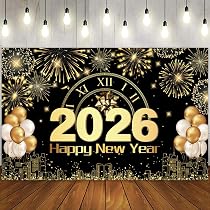 Happy New Year Door Banners 2026, 2pcs Black and Gold Party