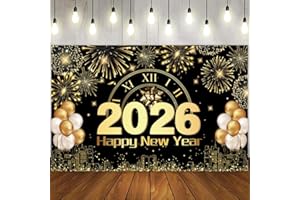 YONTREE Happy New Year Banner 2026 New Year Decorations, 70.8 x 43.3 Inch Extra Large Fabric Black and Gold Happy New year Backdrop Banner 2026 New Years Eve Party Supplies