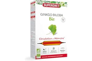 SUPERDIET - GINKGO BILOBA BIO - Circulation & Mémoire - Fabrication et Origine France- 20 ampoules de 15 ml
