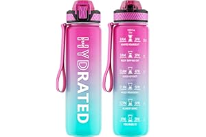 QLUR Water Bottle with Straw, 1L Drinks Bottle with Time Markings-Tritan BPA Free-Sports Water Bottle Leakproof with Lock Cover, Motivational Water Bottles for Gym, Hiking, Fitness, Yoga (1 Bottle)