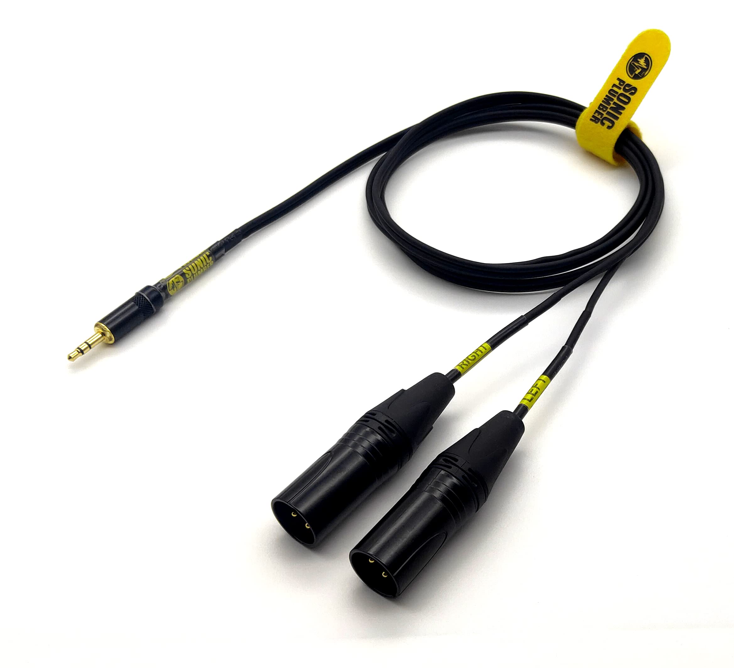 Sonic Plumber Black and Gold 3.5mm (1/8 Inch) EP Stereo to Twin XLR Male Interconnect Cable with Cable Tie (1.5meter / 4.92ft)
