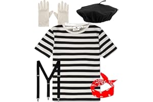 COUNTRY PURSUIT Mega_JumbleSale® French Women/Ladies French Set MIME ARTIST Costume - Black Beret Hat, T-shirt, Scarf, Gloves, Braces - Cosplay Theme Party Fancy Dress (M - 10/12)