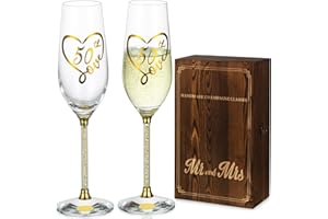 NUPTIO 50 Mariage Anniversaire Cadeau: Lot de 2 Doré Champagne Flute Coffret Bois Verre Cadeaux pour Couple Père et Femme
