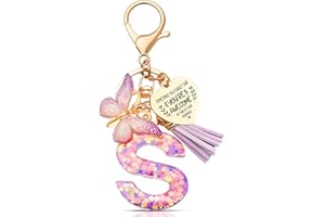 Anruzon Initial Letter Keychain, Women Tassel Butterfly Pendant Pink Purple Cute Car Keyrin, Purple and Gold Resin Alphabet Key Ring for Wallet, Personalised Keyring