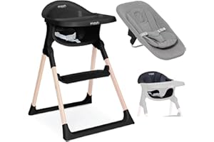 Mash High Chair Bundle by Baby Elegance | Includes Newborn Seat (0-6 Months), Toddler Seat (6+ Months) & Black Cushion | Adjustable Black High Chair for Babies & Toddlers
