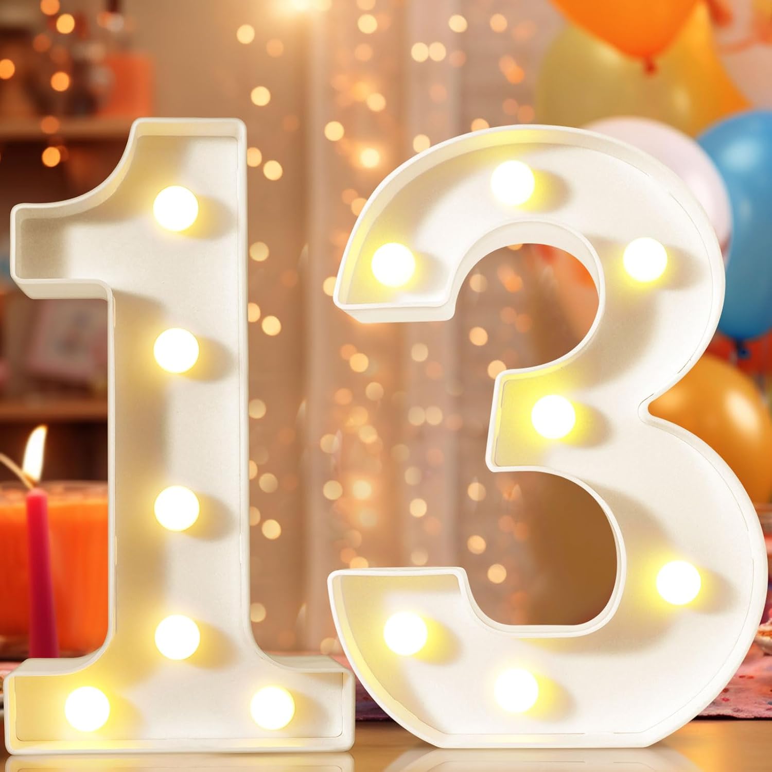 8.8" Decorative LED Light Up Numbers, Marquee Numbers Lights for 13th Birthday Decorations, Lighted Number Sign for Birthday Party Night Lights Anniversary Backdrop Home Decor, White Number 13