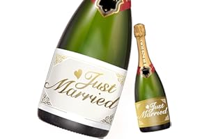 ‎LINEO "Just Married" Hochzeit-Flaschenetikett 2 Stück für Sekt- & Weinflaschen selbstklebend; Hochzeit-Geschenk (14,8 x 10,5 cm) (Gold & Weiß)