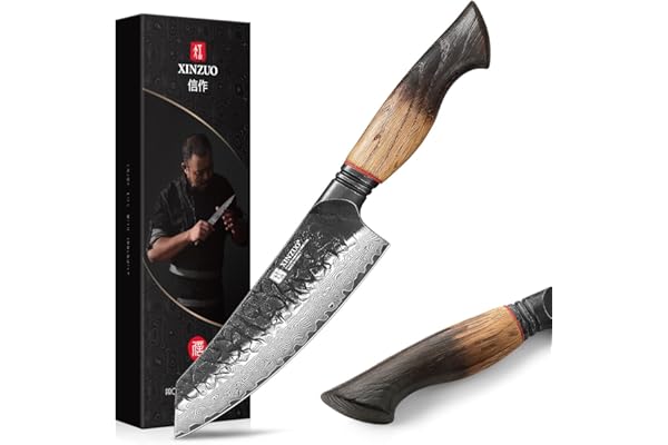 XINZUO 14,5cm Couteau Santoku Acier Damas Noyau en Acier 10Cr15CoMoV -Couteau de Cuisine Forgé à la Main Lames Tranchantes -pour Viande, Poisson, Légumes -Poignée en Chêne Blanc