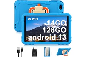 AOCWEI Tablette Enfant 10 Pouces, Tablette Android 13, 14 Go RAM + 128 Go ROM (TF 512 GB) | Octa-Core | 5+8 MP | 5G WiFi | 8000 mAh | 2 Ans de Garantie, Coque Antichoc Robuste - EVA - Bleu