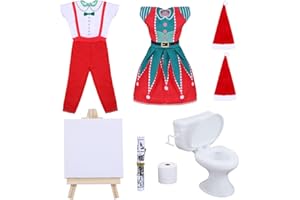 QIZHIQIAMY Ropa de Muñeca de Elfo Navideño, Vestido de Navidad para Muñecas, Ropa de Navidad para Muñecas, Accesorios Casa de Muñecas con Mini Baño, Gorro de Noel, Periódico, Papel de Liar y Caballete