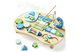 Lehoo Castle Montessori leksak från 1 år, aktivitetsbord i trä 7-i-1 | Lekbord från 1 år med xylofon, present till pojkar/flickor, baby-motorikleksak för 1–3 år, 33,5 × 21 × 8 cm, dinosaurier
