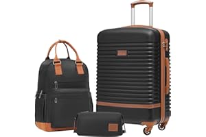 COOLIFE Valise, 3 Pièces Set de Valise avec Sacs de Voyage et Trousse de Toilette pour Voyages d'affaires, Serrure TSA et roulettes Pivotantes à 360° (Noir/Marron, Moyenne)