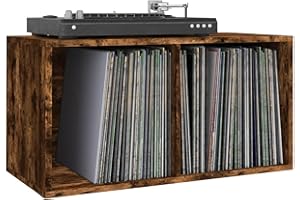 Homgoday Caja de almacenamiento LP para discos de vinilo, estante organizador para almacenamiento de documentos, armario de salón, muebles de sala de estar, caja de transporte, roble ahumado, 71 x 34