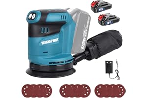 WAKKAPEINT Akku Exzenterschleifer für Makita 18V Akku, Exzenterschleifer mit 12 Schleifpapierblättern, 360° Schwenkbare Schleifbasis Zum Schleifen und Polieren Von Metall/Holz(Mit zwei 3Ah Akku und Ladegerät)