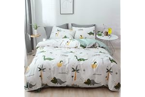 GETIYA 【Nowa wtyczka】 2-częściowy komplet pościeli dziecięcej 135 x 200 z kreskówki dinozaurów, pościel dla chłopców i dziewczynek, biała pościel z zielonym wzorem Dino miękka bawełna, dwustronna pościel z poszewką na poduszkę 80 x 80