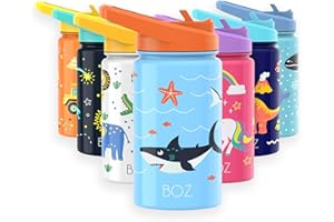 BOZ Kids Water Bottle for School with Straw Lid, Stainless Steel Insulated Water Bottle for Kids, Toddler Water Bottle, Leak Proof Water Bottle for Kids and Toddlers - 414 ml (Sharks)