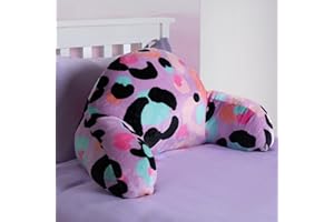 OHS Leopard Print Kids Cuddle Cushion, Reading Pillow for Bed Sofa Super Soft Cosy Fleece Gaming Cushion with Arms Back Support Pillow for Bed Relaxing Comfy, Lilac Purple