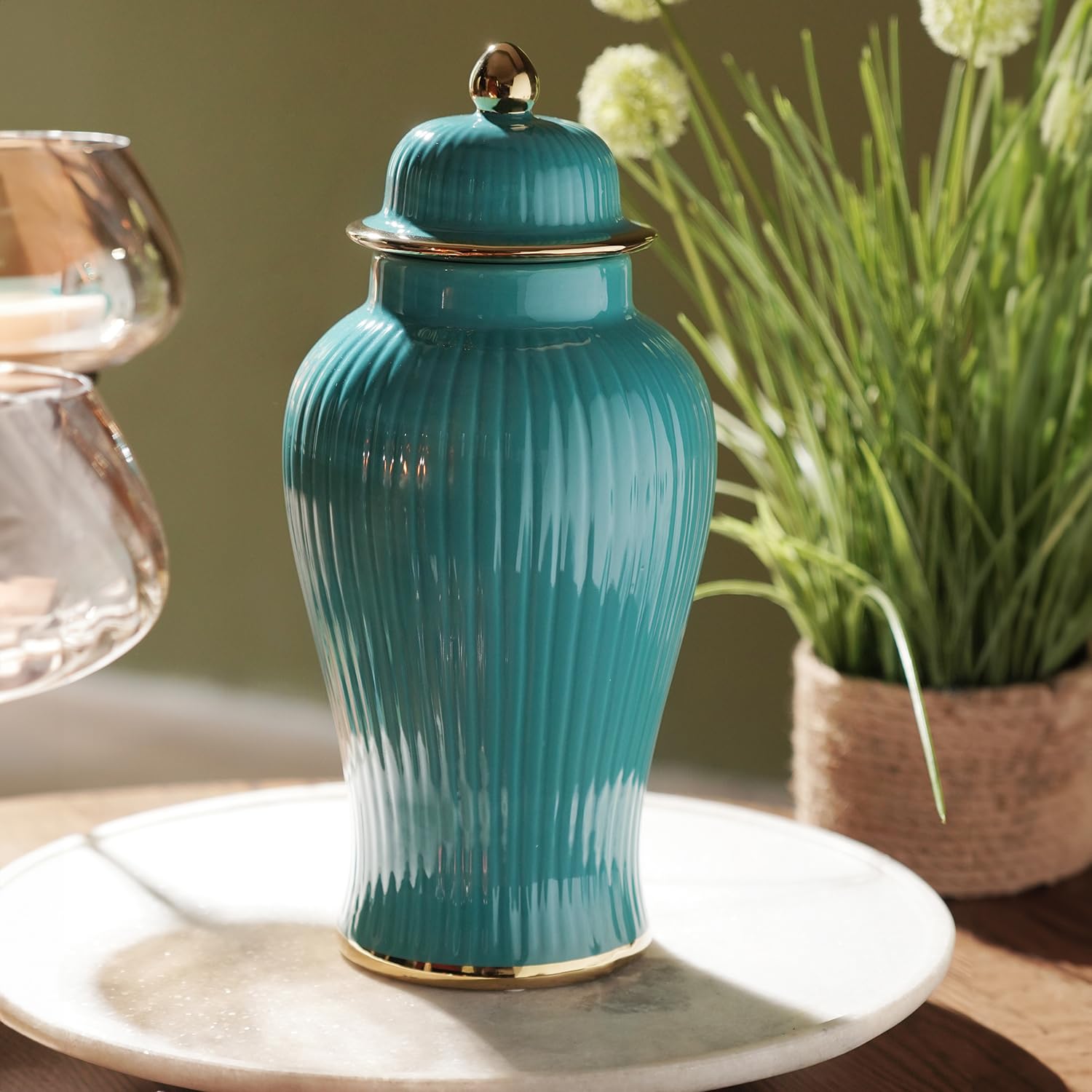 Stylish Review of Pure Home + Living Teal Ribbed Ceramic Urn with Lid Small