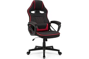 PREYON SENSE7 Silla Gaming Knight ergonómica con Cojines lumbares Ajustables, función de balanceo y reposabrazos Acolchados, Silla de Oficina de Tela hasta 120kg, Gaming Chair Negro-Rojo